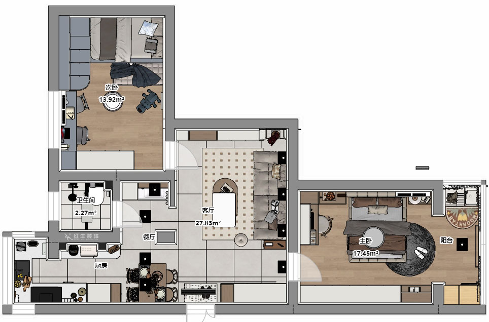 顾娟｜大树根32-703-70㎡-现代简约风格｜2室2厅1卫｜旧房装修｜定制家｜全包11万｜00_04平面彩图